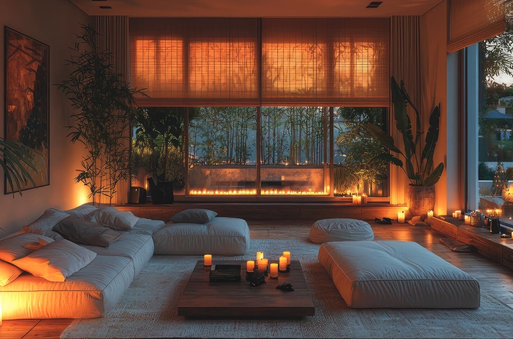 Soggiorno con sistema AI integrato, illuminazione intelligente e design contemporaneo